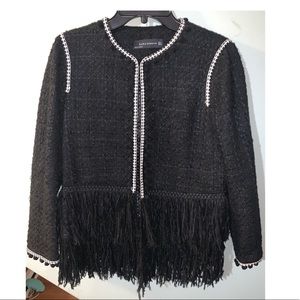 Zara black tweed blazer with pom pom trim on cuffs
